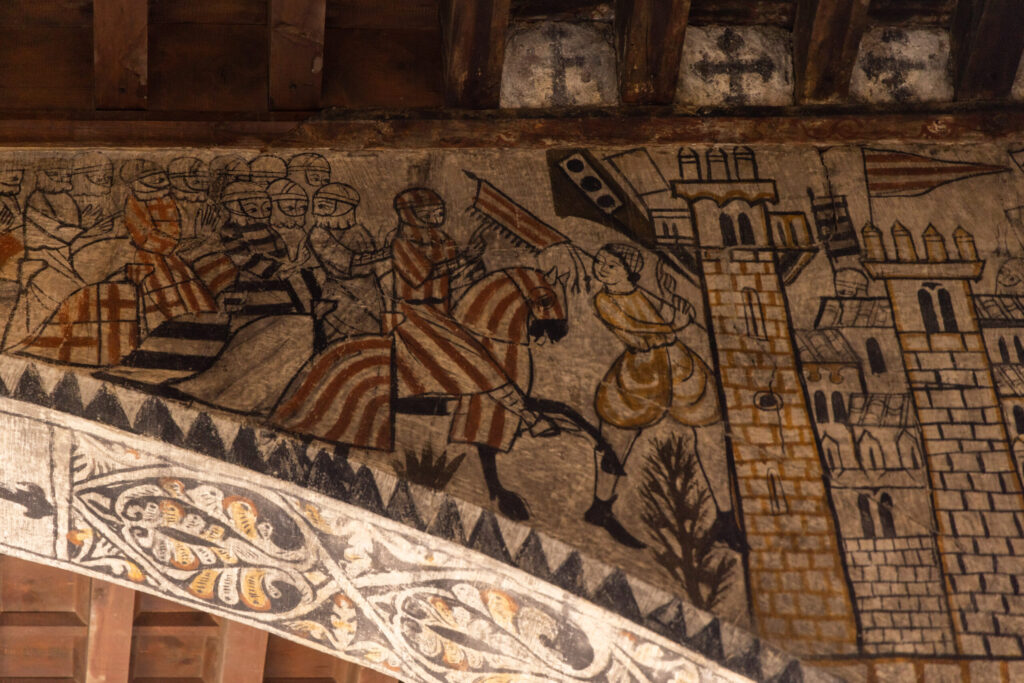 Detalle de las pinturas góticas de la Torre del Homenaje alusivas a la conquista de Valencia